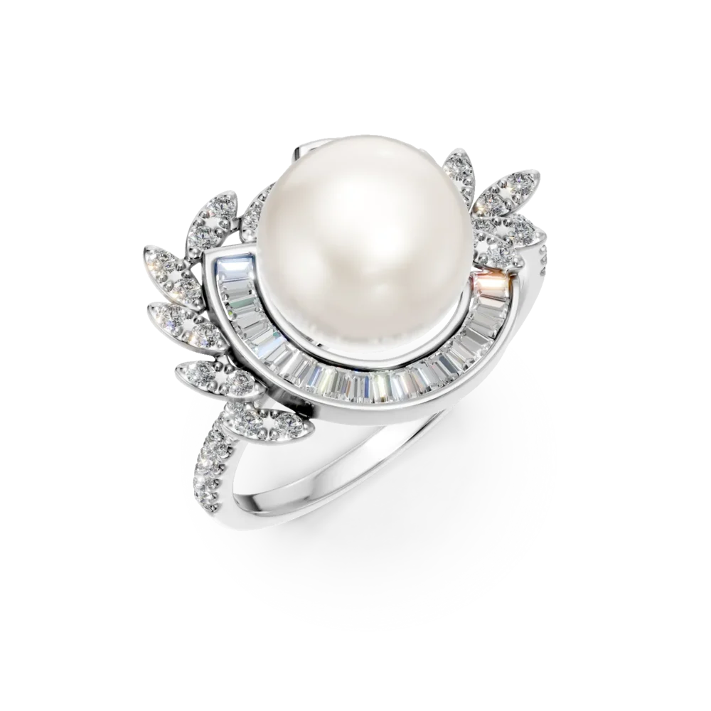 Inel din aur alb cu diamante baguette si rotunde de 0.4ct si perla de cultura