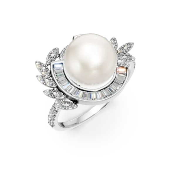 Inel din aur alb cu diamante baguette si rotunde de 0.4ct si perla de cultura