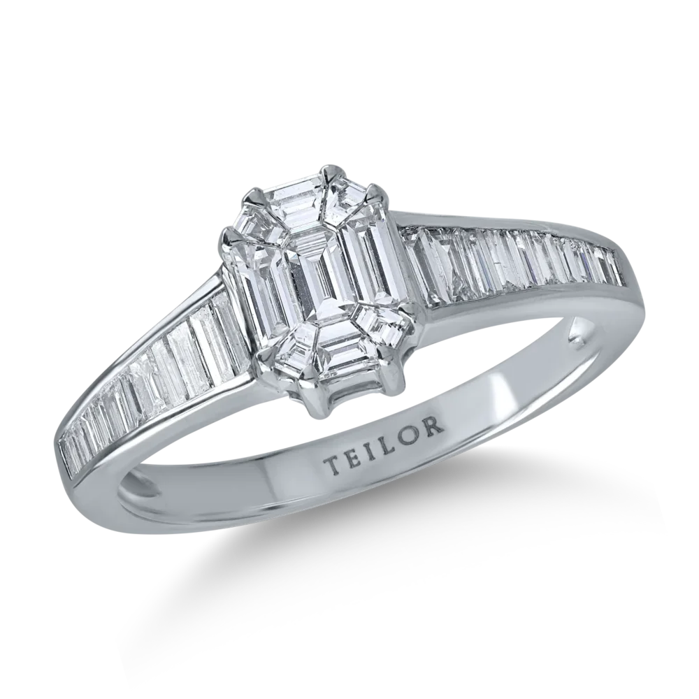 Inel din aur alb cu diamante baguette si rotunde de 0.8ct