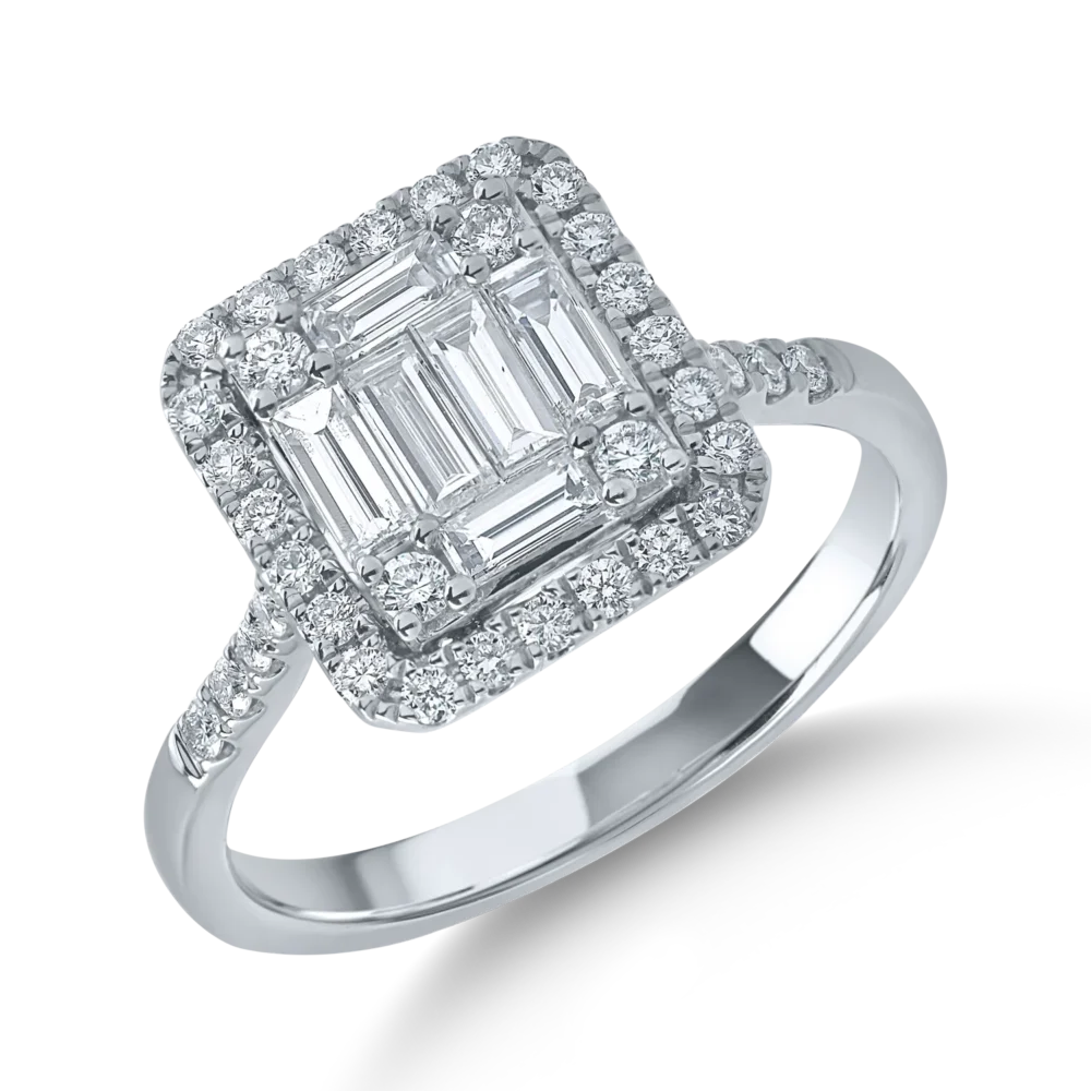 Inel din aur alb cu diamante baguette si rotunde de 0.8ct