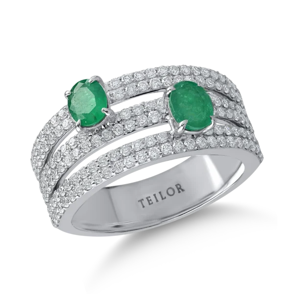 Inel din aur alb cu diamante de 0.9ct si smaralde ovale de 0.6ct