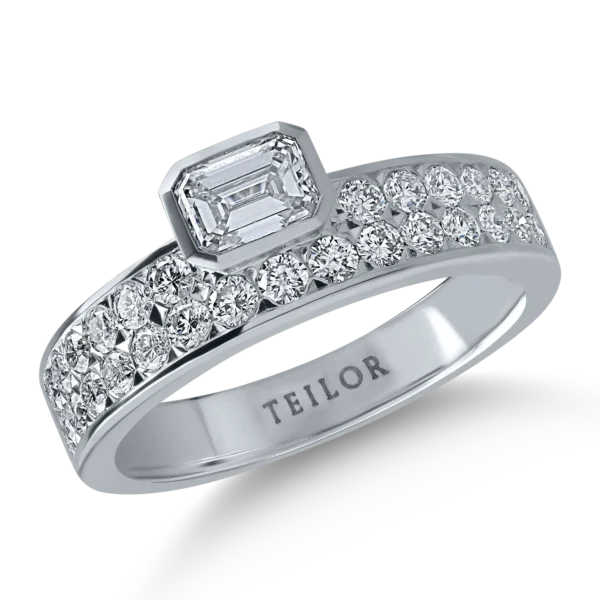 Inel din aur alb cu diamante emerald si rotunde de 1.09ct