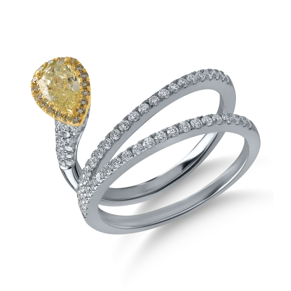 Inel din aur alb cu diamant fancy galben pear de 0.5ct si diamante galbene si incolore de 0.6ct