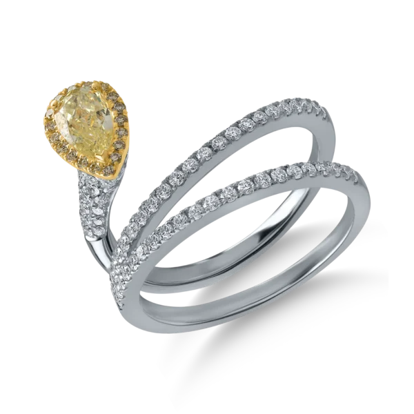 Inel din aur alb cu diamant fancy galben pear de 0.5ct si diamante galbene si incolore de 0.6ct