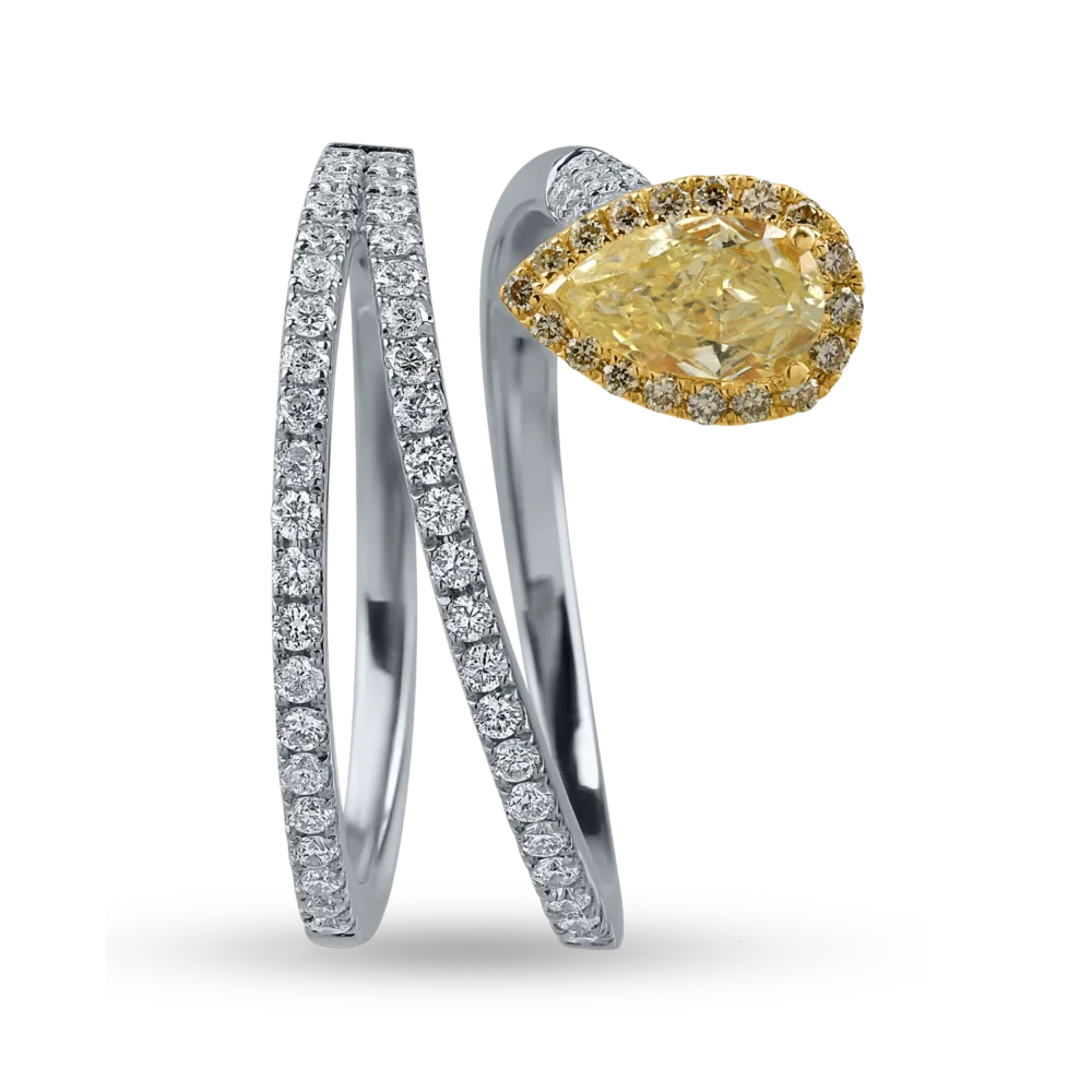 Inel din aur alb cu diamant fancy galben pear de 0.5ct si diamante galbene si incolore de 0.6ct - imagine 2