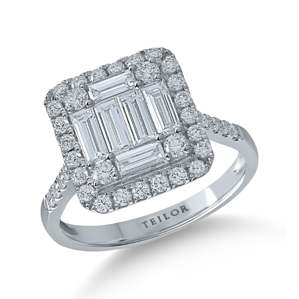 Inel din aur alb cu diamante baguette si rotunde de 1.1ct