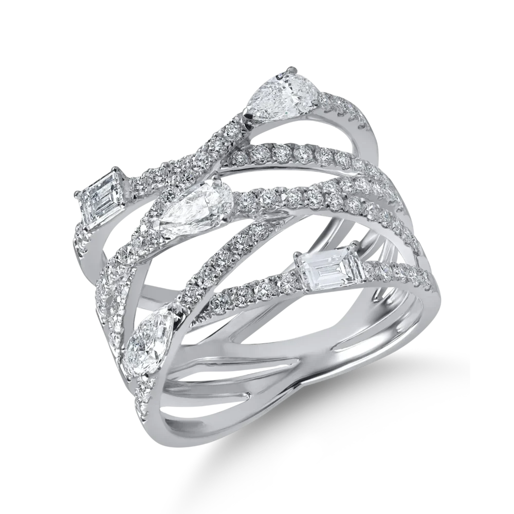 Inel din aur alb cu diamante baguette, pear si rotunde de 1.4ct
