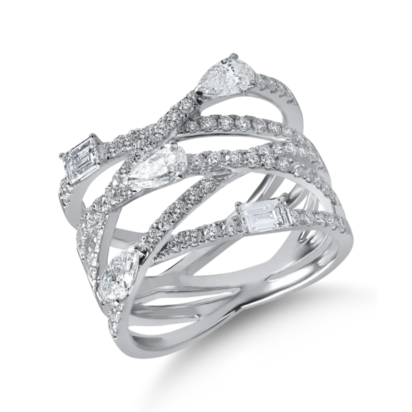 Inel din aur alb cu diamante baguette, pear si rotunde de 1.4ct