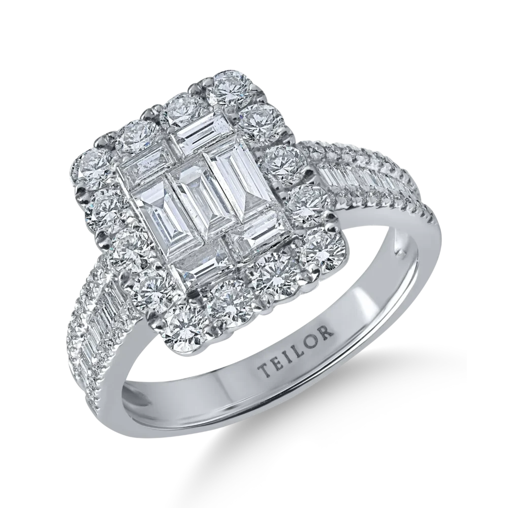 Inel din aur alb cu diamante baguette si rotunde de 1.6ct