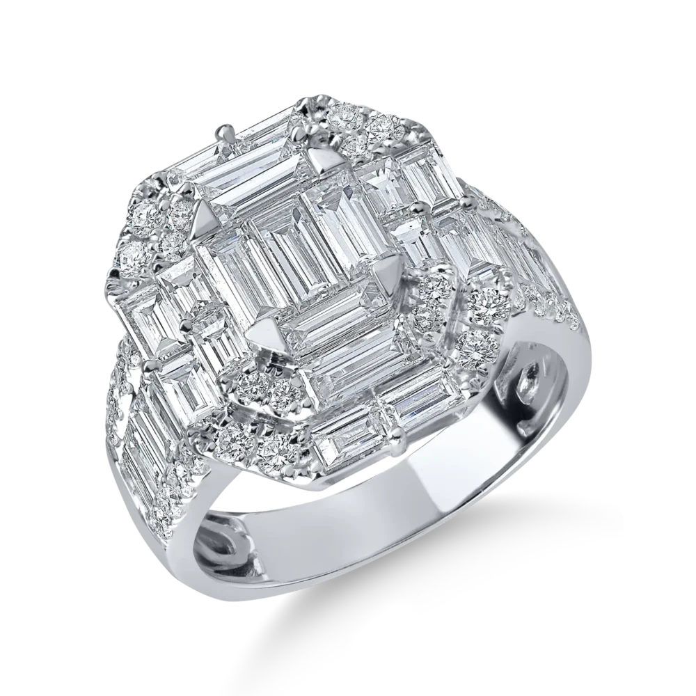 Inel din aur alb cu diamante baguette si rotunde de 2.6ct