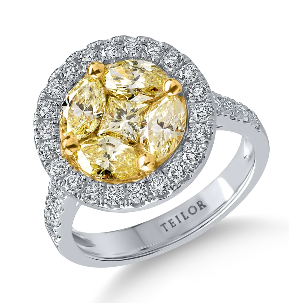 Inel din aur alb cu diamante galbene princess si marquise si diamante incolore de 2.4ct