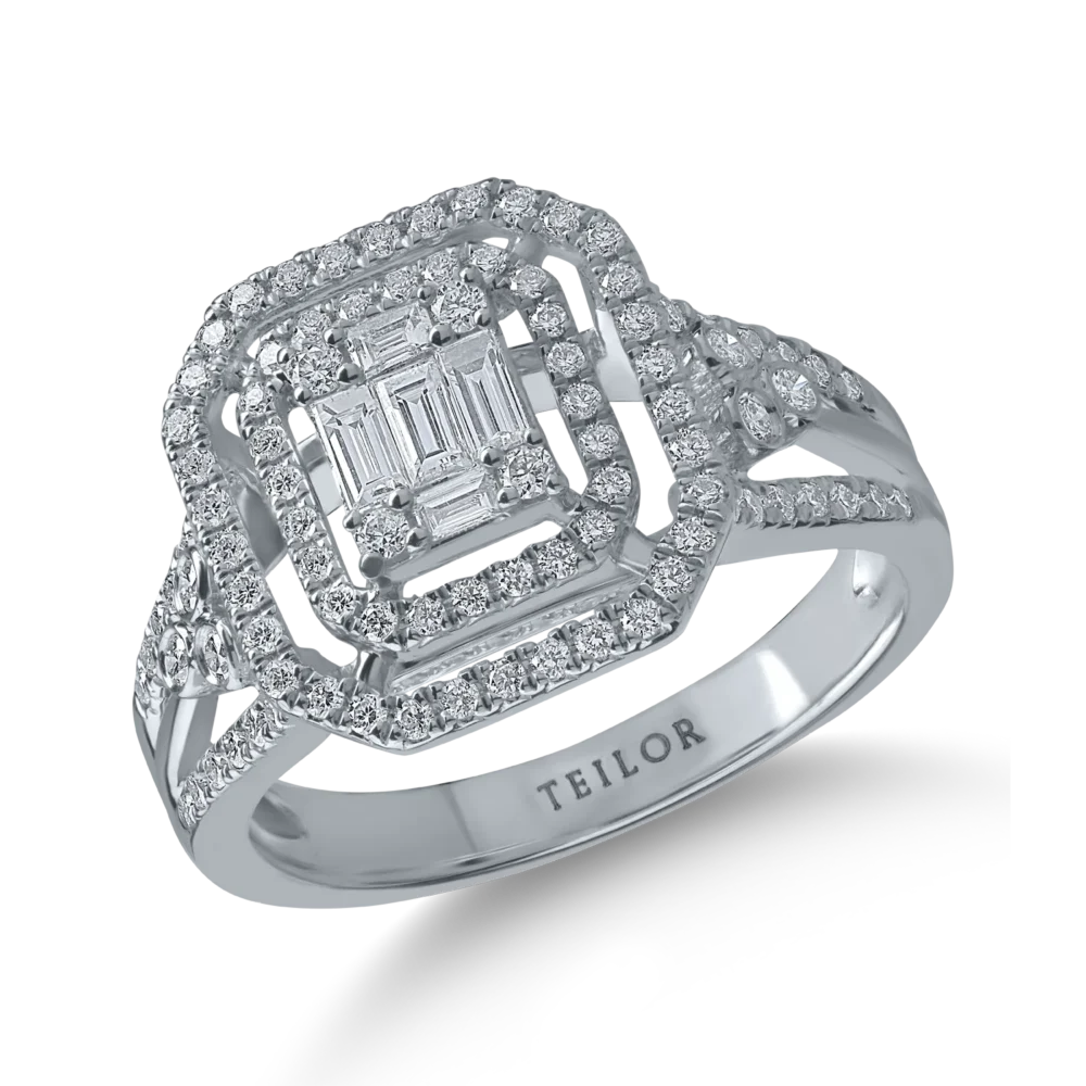 Inel geometric din aur alb cu diamante baguette si rotunde de 0.7ct
