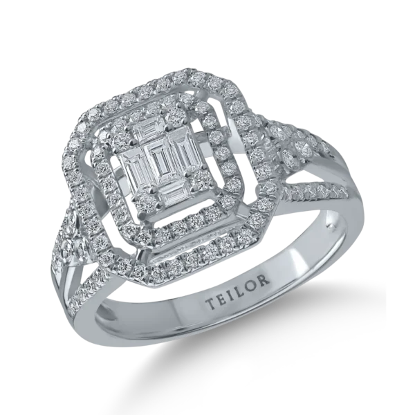 Inel geometric din aur alb cu diamante baguette si rotunde de 0.7ct