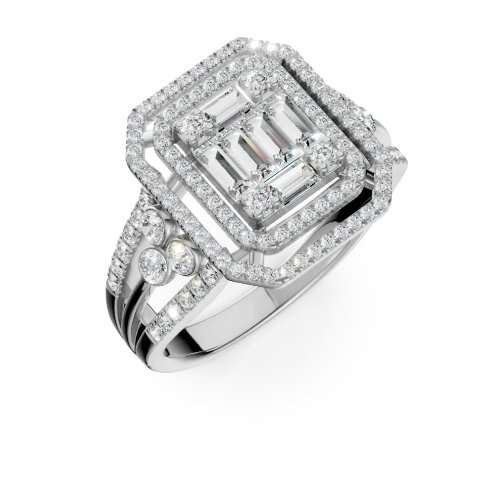 Inel din aur alb cu diamante microsetting baguette si rotunde de 0.7ct