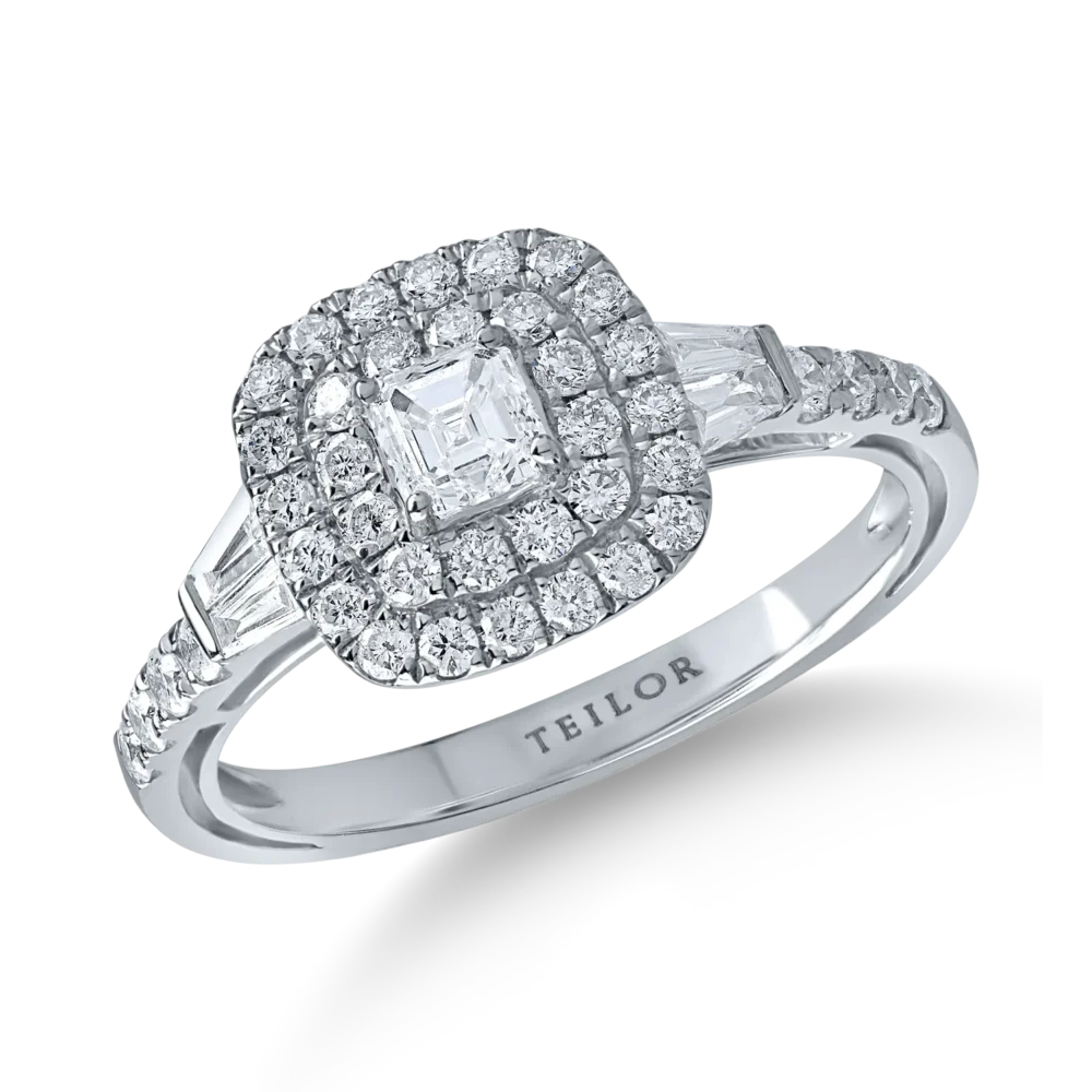 Inel din aur alb cu diamante microsetting assher, baguette si rotunde de 0.94ct