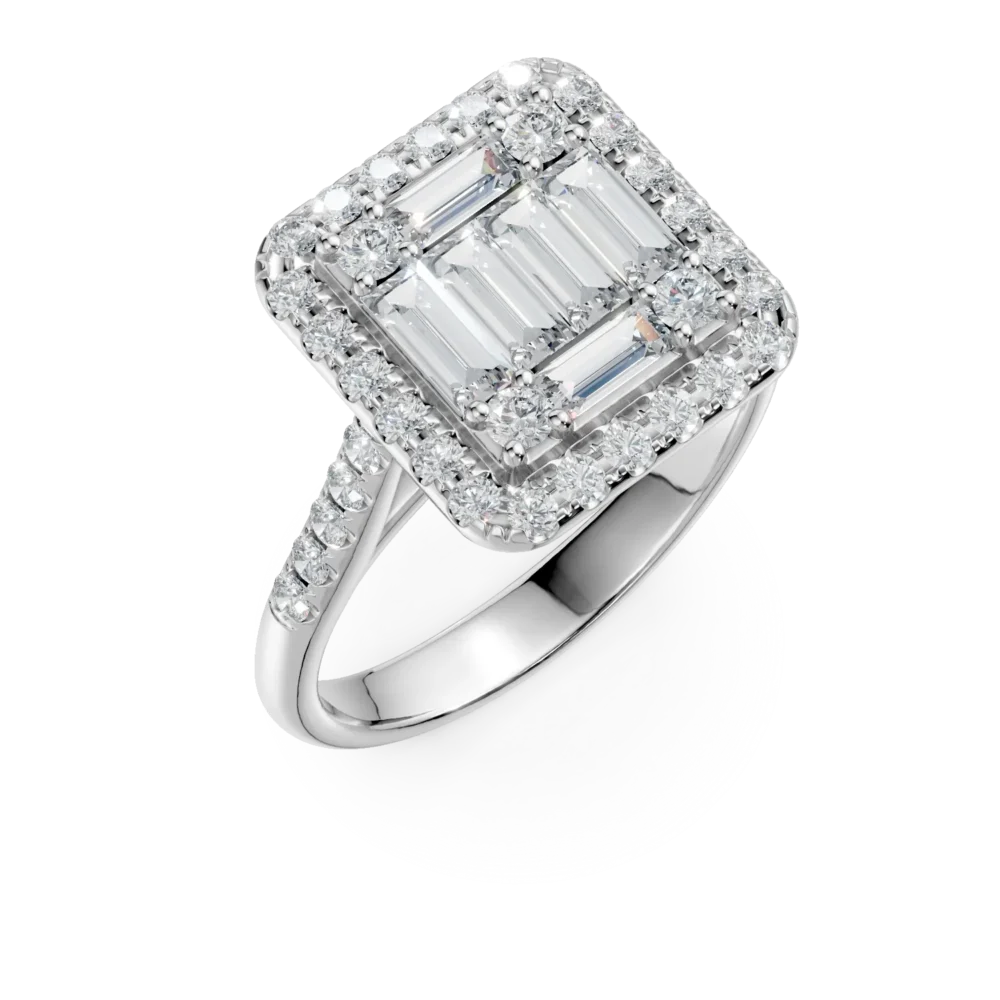 Inel din aur alb cu diamante microsetting baguette si rotunde de 1.3ct