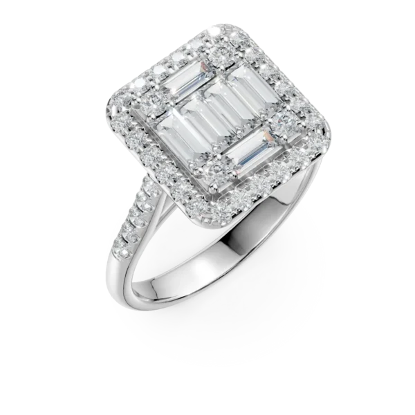 Inel din aur alb cu diamante microsetting baguette si rotunde de 1.3ct