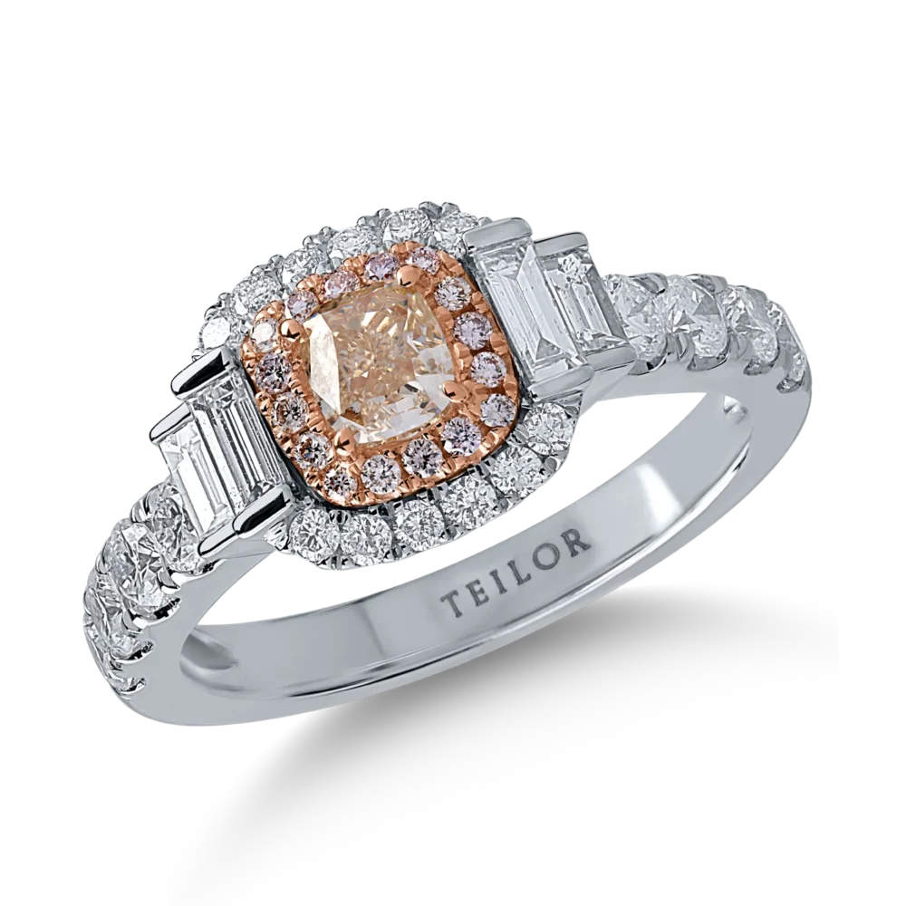 Inel din aur alb cu diamante transparente baguette si rotunde de 1.03ct si diamante roz cushion si rotunde de 0.6ct