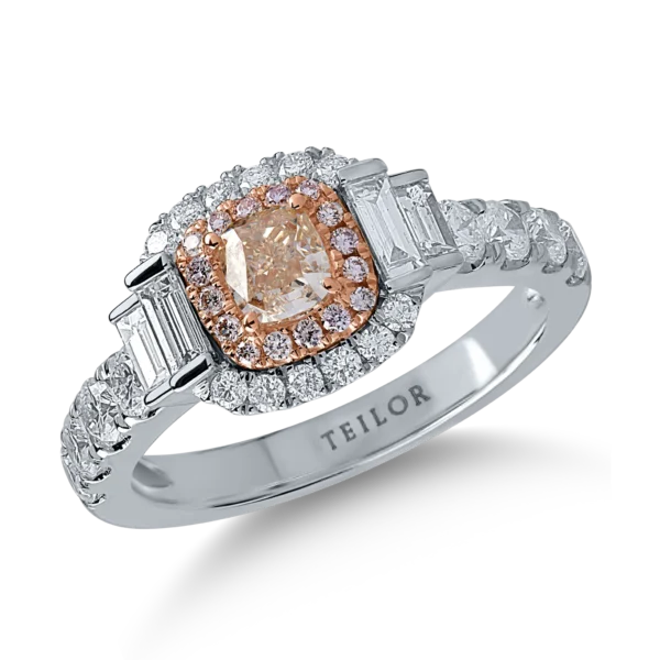 Inel din aur alb cu diamante transparente baguette si rotunde de 1.03ct si diamante roz cushion si rotunde de 0.6ct
