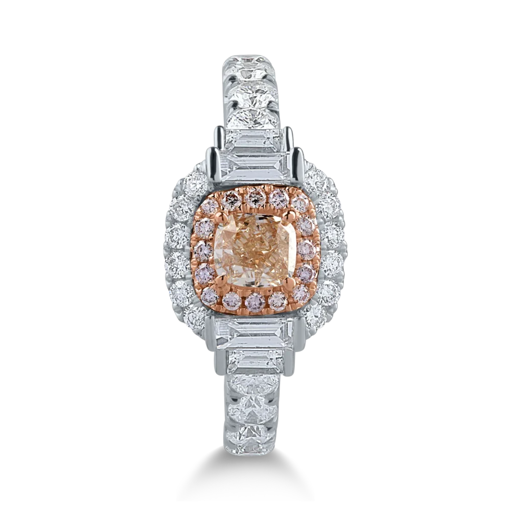 Inel din aur alb cu diamante transparente baguette si rotunde de 1.03ct si diamante roz cushion si rotunde de 0.6ct - imagine 2