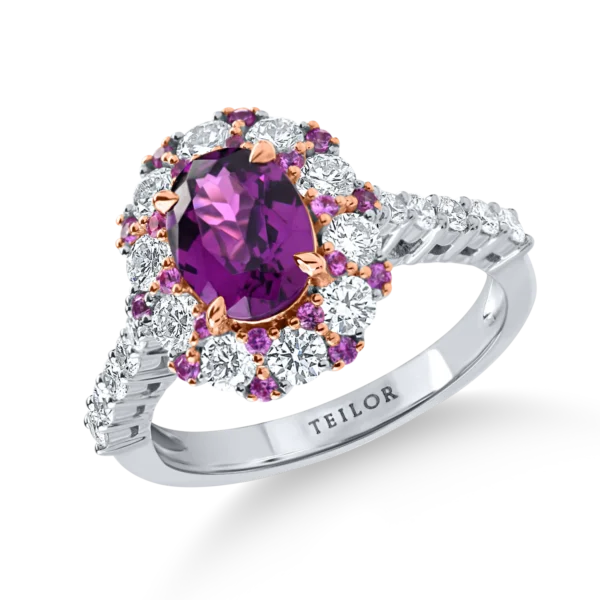 Inel din aur alb cu granat mov oval de 1.5 ct, diamante de 0.9ct si safire roz de 0.2ct