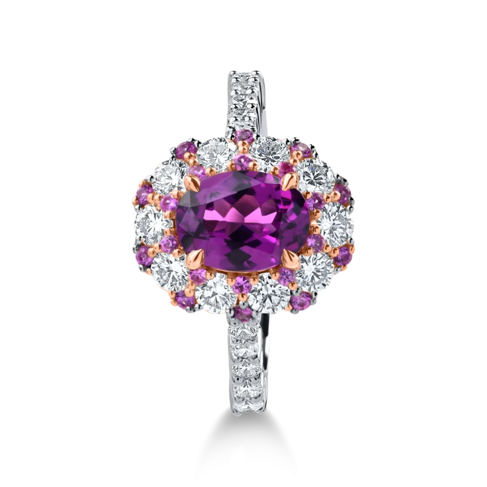 Inel din aur alb cu granat mov oval de 1.5 ct, diamante de 0.9ct si safire roz de 0.2ct - imagine 2