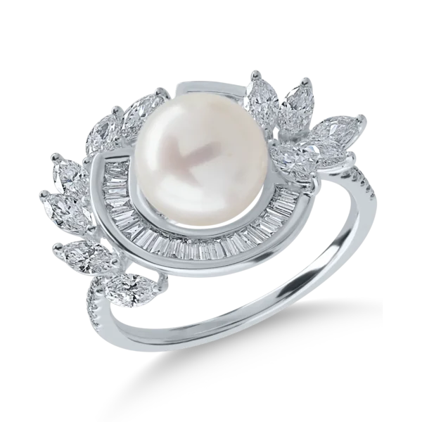 Inel din aur alb cu perla de cultura de 3.73ct si diamante de 0.98ct