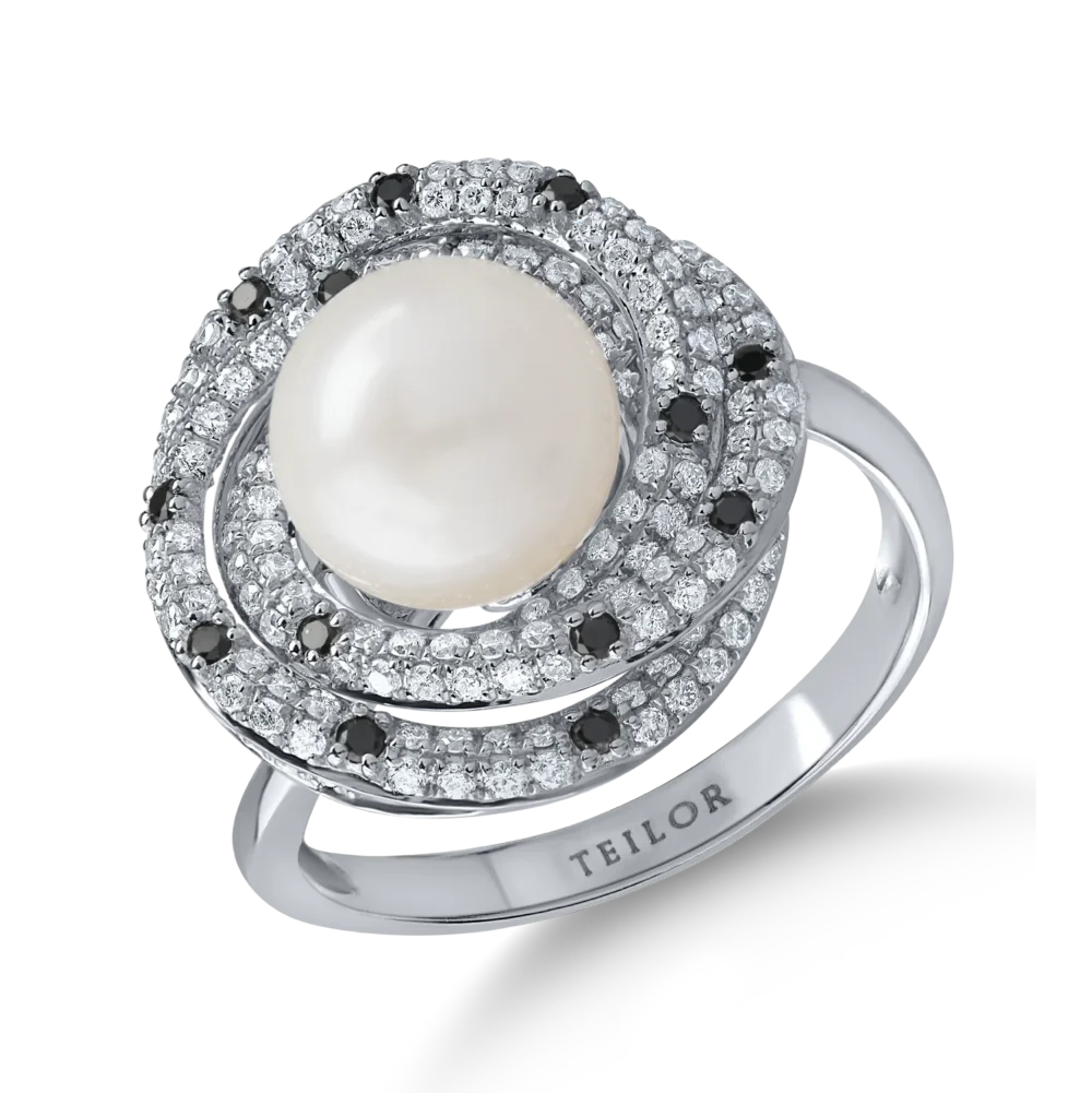 Inel din aur alb cu perla de cultura de 4.7ct si diamante de 0.8ct