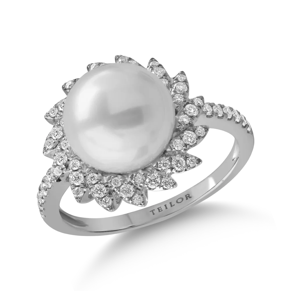 Inel din aur alb cu perla de cultura de 6.4ct si diamante de 0.3ct