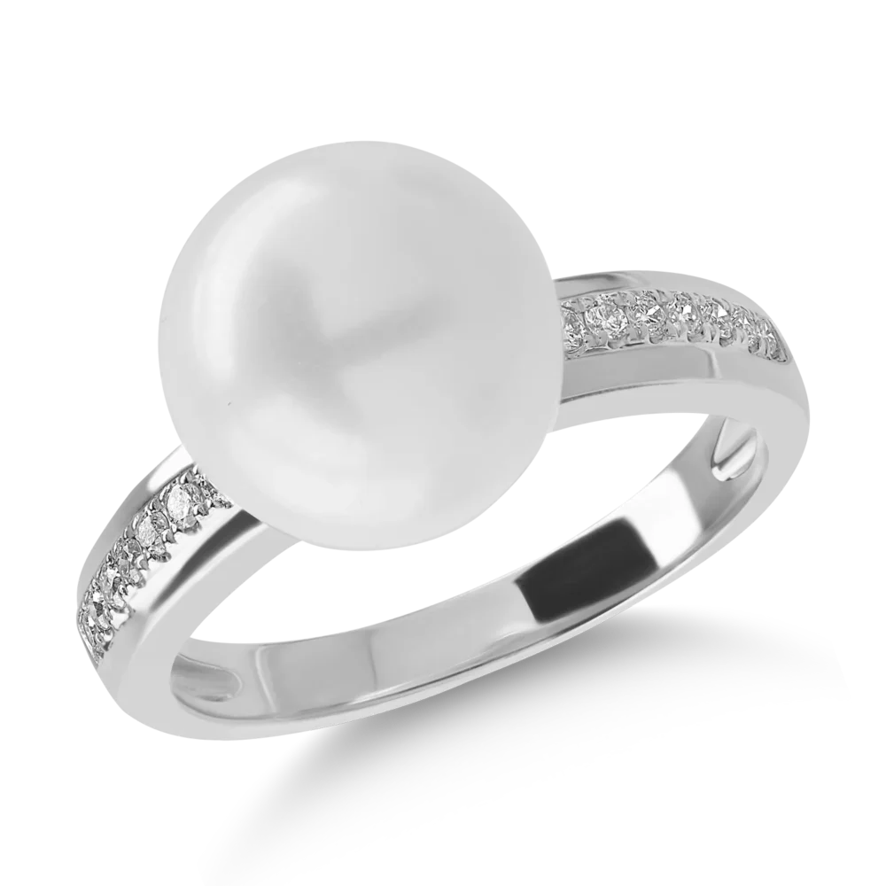 Inel din aur alb cu perla de cultura de 7.5ct si diamante de 0.11ct