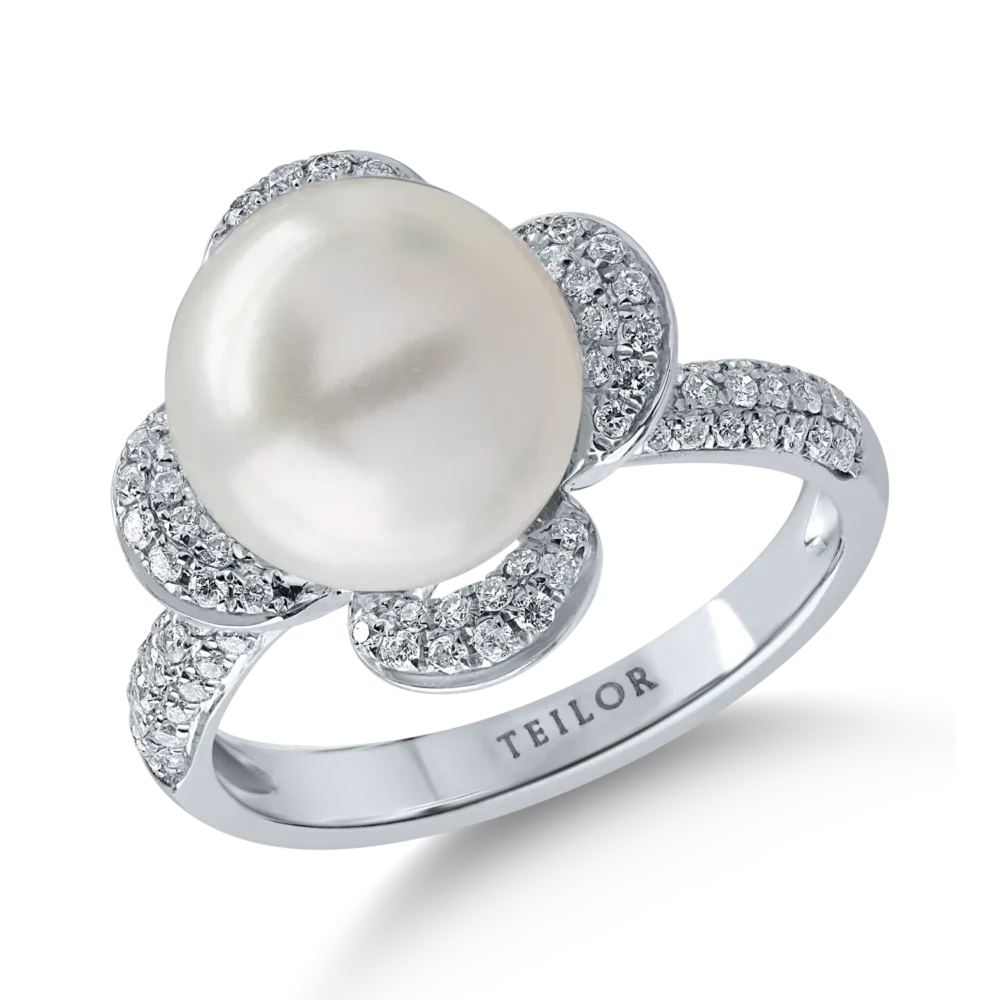 Inel din aur alb cu perla de cultura de 8.5ct si diamante de 0.4ct