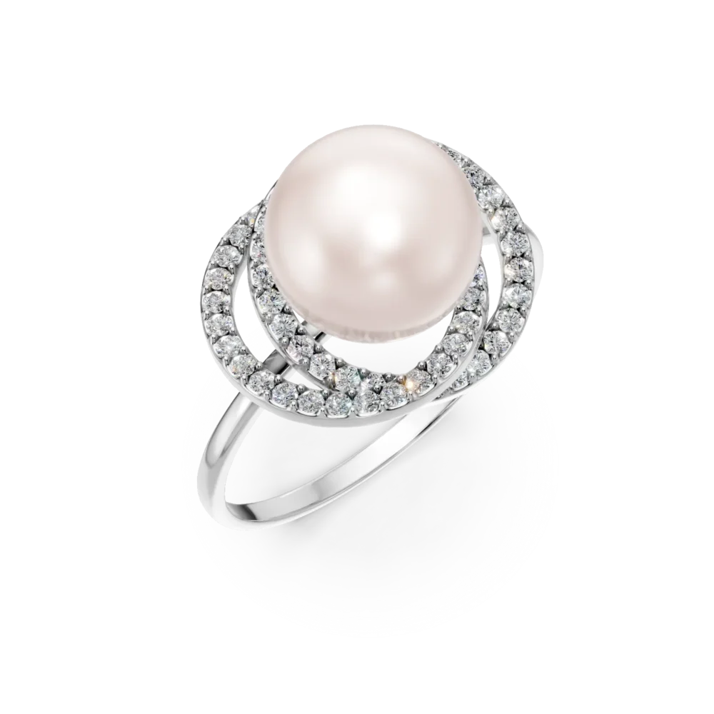 Inel din aur alb cu perla sintetica si zirconii