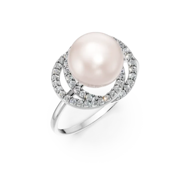 Inel din aur alb cu perla sintetica si zirconii