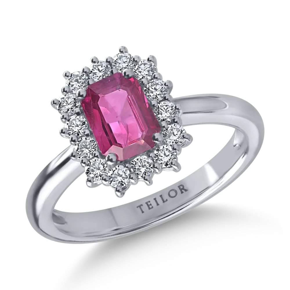 Inel din aur alb cu rubin octogonal de 1ct si diamante de 0.3ct