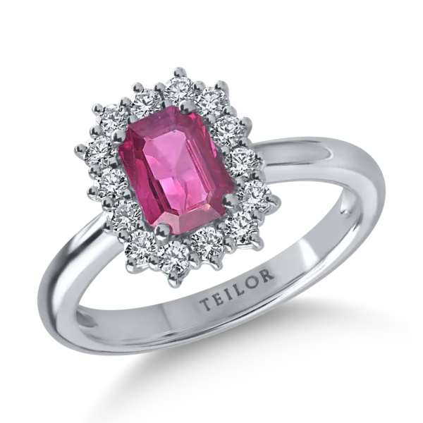 Inel din aur alb cu rubin octogonal de 1ct si diamante de 0.3ct