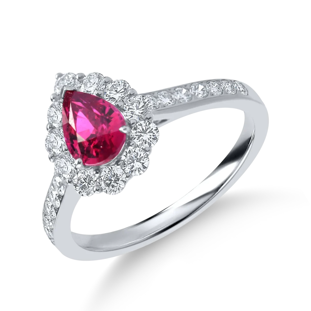 Inel din aur alb cu rubin pear si diamante de 1.8ct