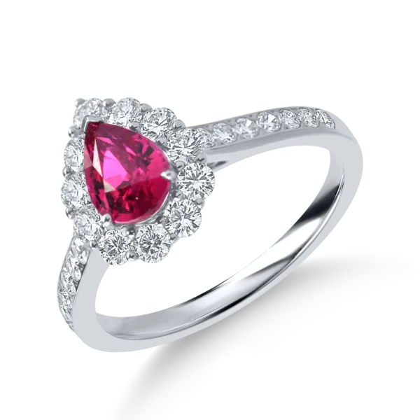 Inel din aur alb cu rubin pear si diamante de 1.8ct