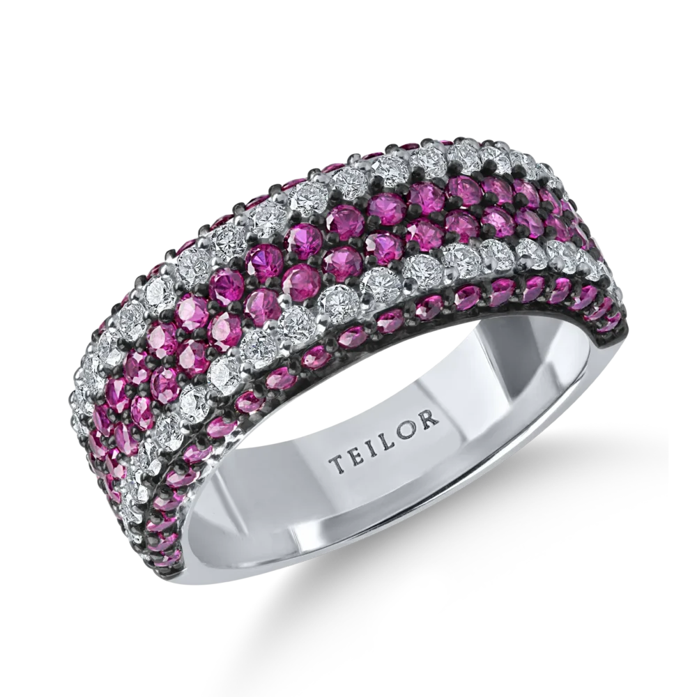 Inel semi eternity din aur alb cu rubine de 1.3ct si diamante de 0.6ct