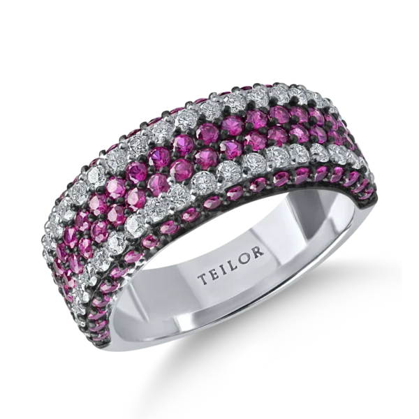 Inel semi eternity din aur alb cu rubine de 1.3ct si diamante de 0.6ct