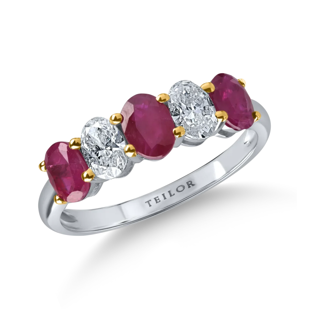 Inel din aur alb cu rubine ovale tratate de 1.05ct si diamante de 0.6ct