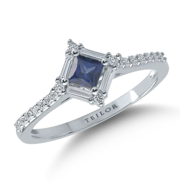 Inel din aur alb cu safir princess de 0.3ct si diamante de 0.18ct
