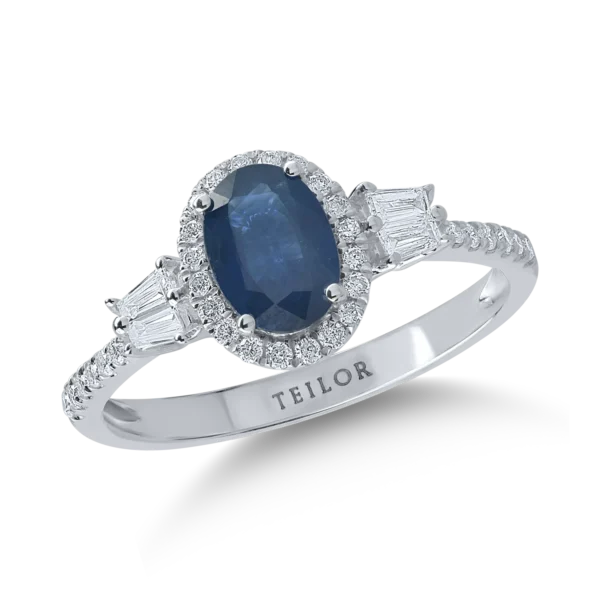 Inel din aur alb cu safir oval de 0.98ct si diamante de 0.3ct