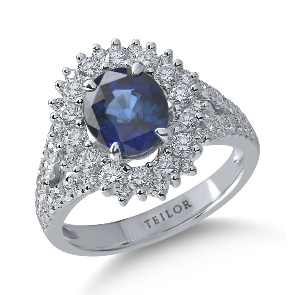 Inel din aur alb cu safir oval de 2.3ct si diamante de 1.3ct