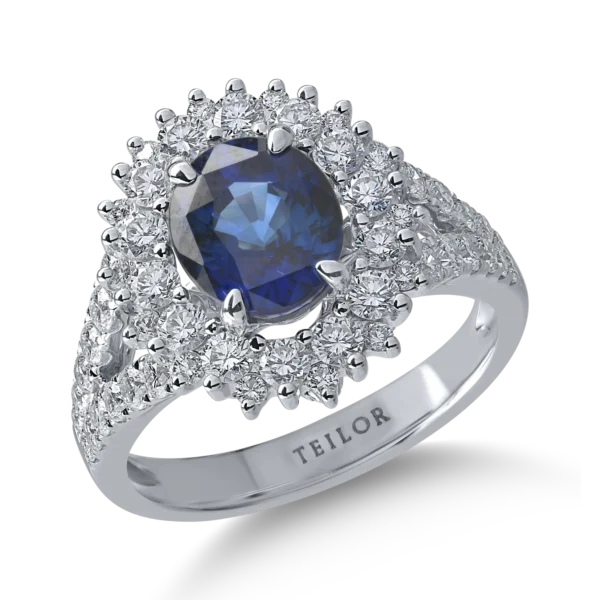 Inel din aur alb cu safir oval de 2.3ct si diamante de 1.3ct