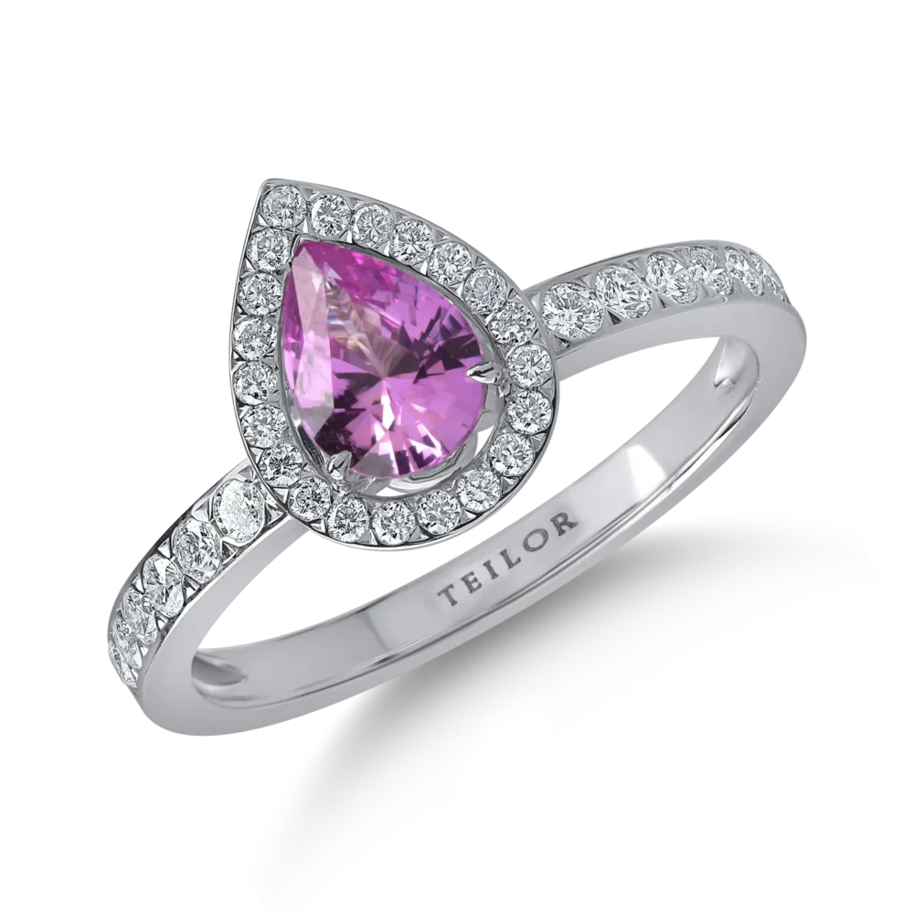 Inel din aur alb cu safir roz pear de 0.7ct si diamante de 0.3ct