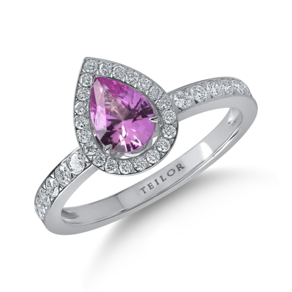 Inel din aur alb cu safir roz pear de 0.7ct si diamante de 0.3ct