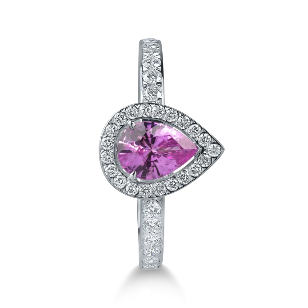 Inel din aur alb cu safir roz pear de 0.7ct si diamante de 0.3ct - imagine 2