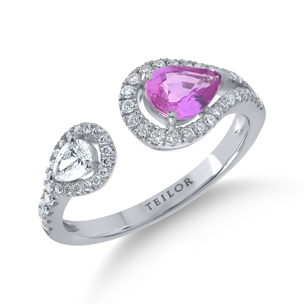 Inel din aur alb cu safir roz pear de 0.7ct si diamante de 0.4ct