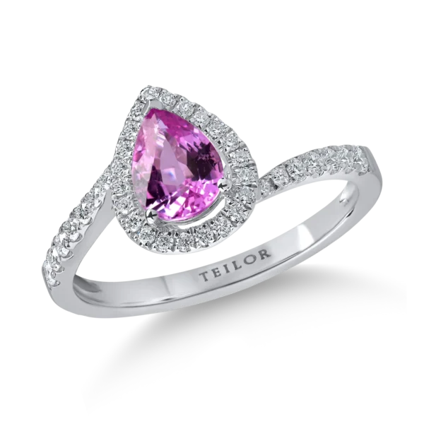 Inel din aur alb cu safir roz pear de 0.8ct si diamante de 0.2ct