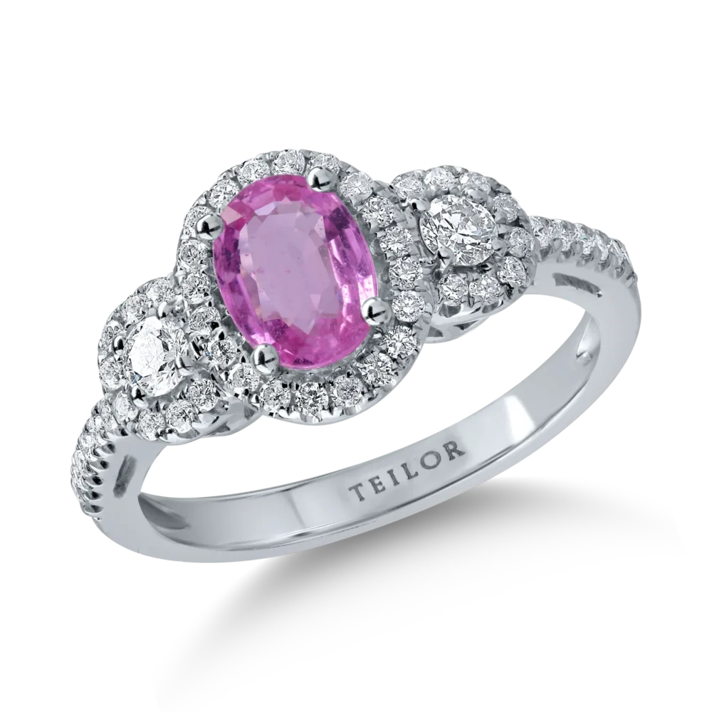 Inel din aur alb cu safir roz oval de 0.99ct si diamante de 0.5ct